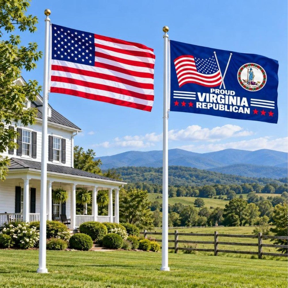 American flag and Proud Virginia Republican flag flying side by side outdoors