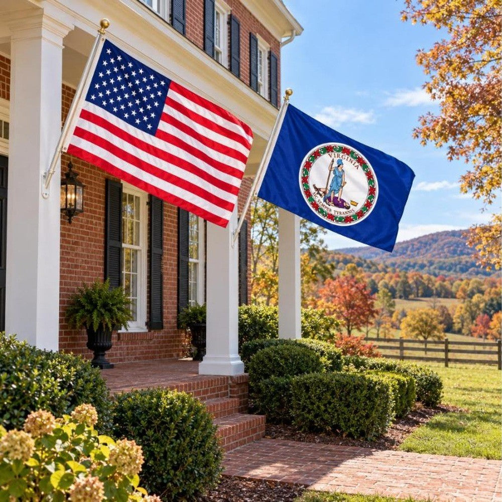 American flag and Virginia State Flag flying side by side outdoors