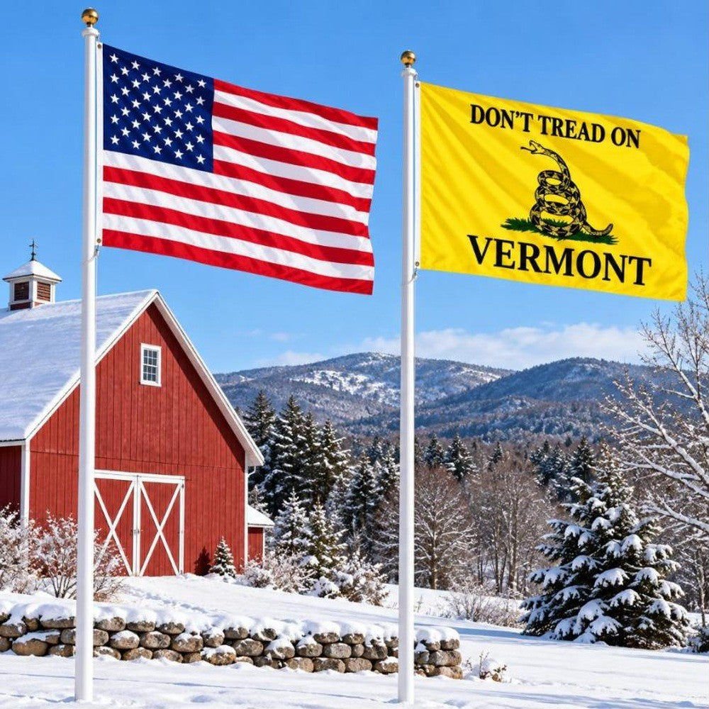 American flag and Don't Tread on Vermont flag flying side by side outdoors
