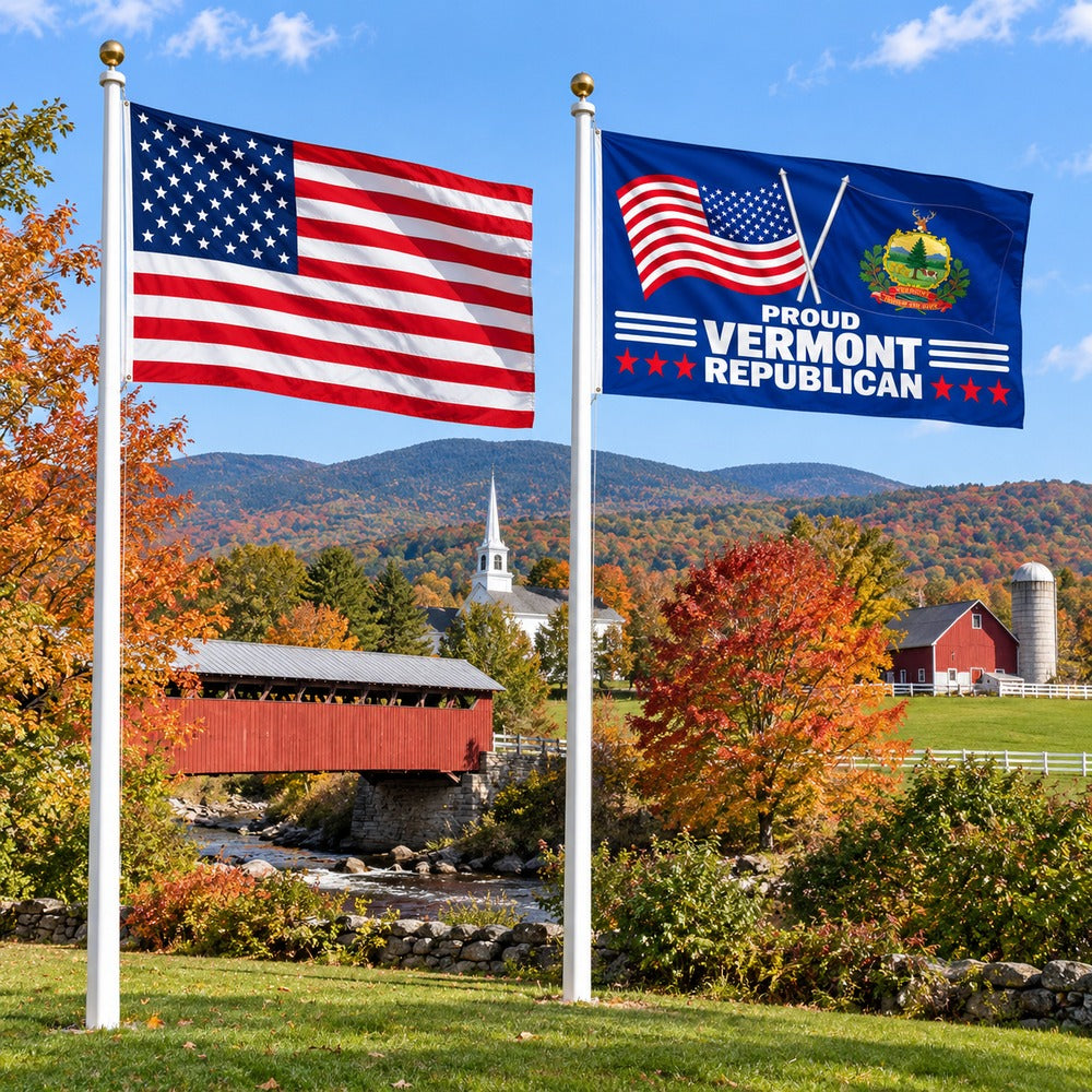 American flag and Proud Vermont Republican flag flying side by side outdoors