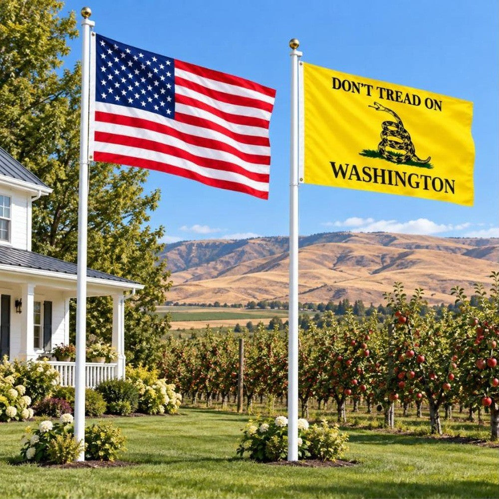 American flag and Don't Tread on Washington flag flying side by side outdoors