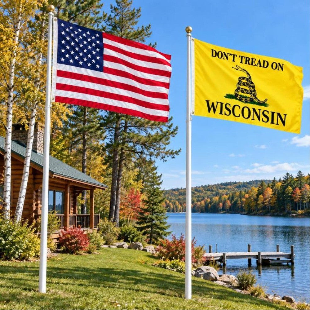American flag and Don't Tread on Wisconsin flag flying side by side outdoors