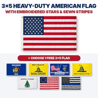3x5 heavy-duty American flag with embroidered stars and sewn stripes plus choice of 1 free 3x5 flag – Wisconsin