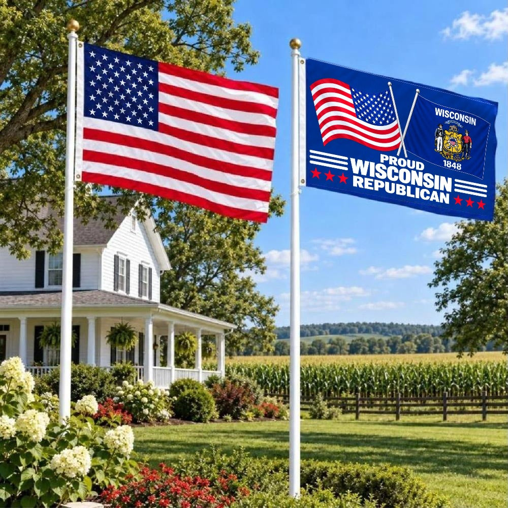 American flag and Proud Wisconsin Republican flag flying side by side outdoors