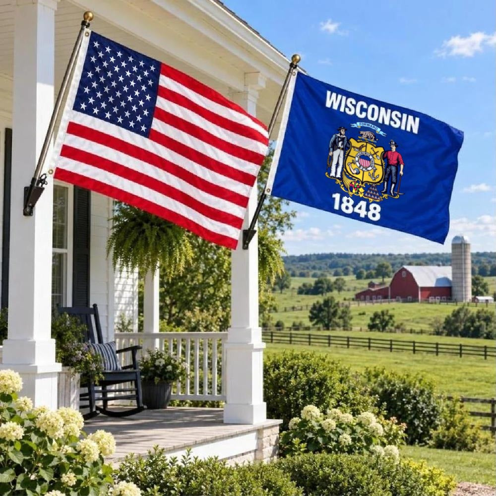 American flag and Wisconsin State Flag flying side by side outdoors
