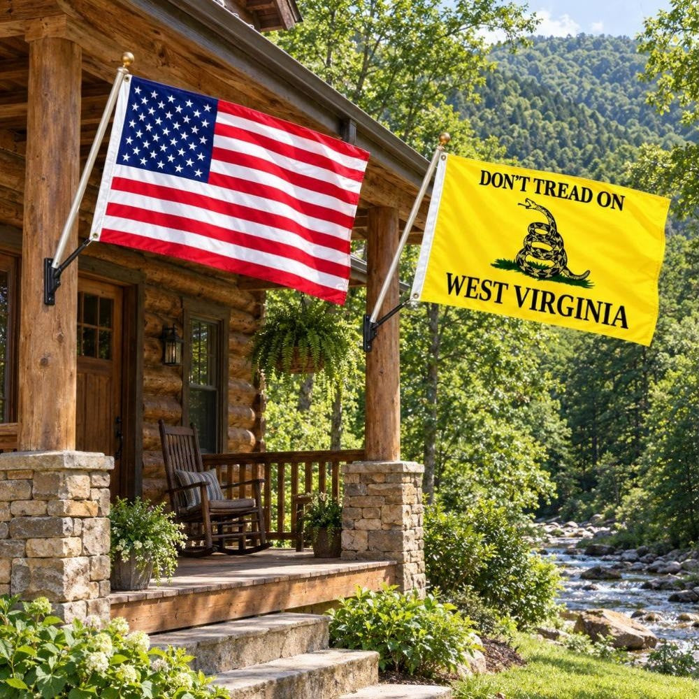 American flag and Don't Tread on West Virginia flag flying side by side outdoors