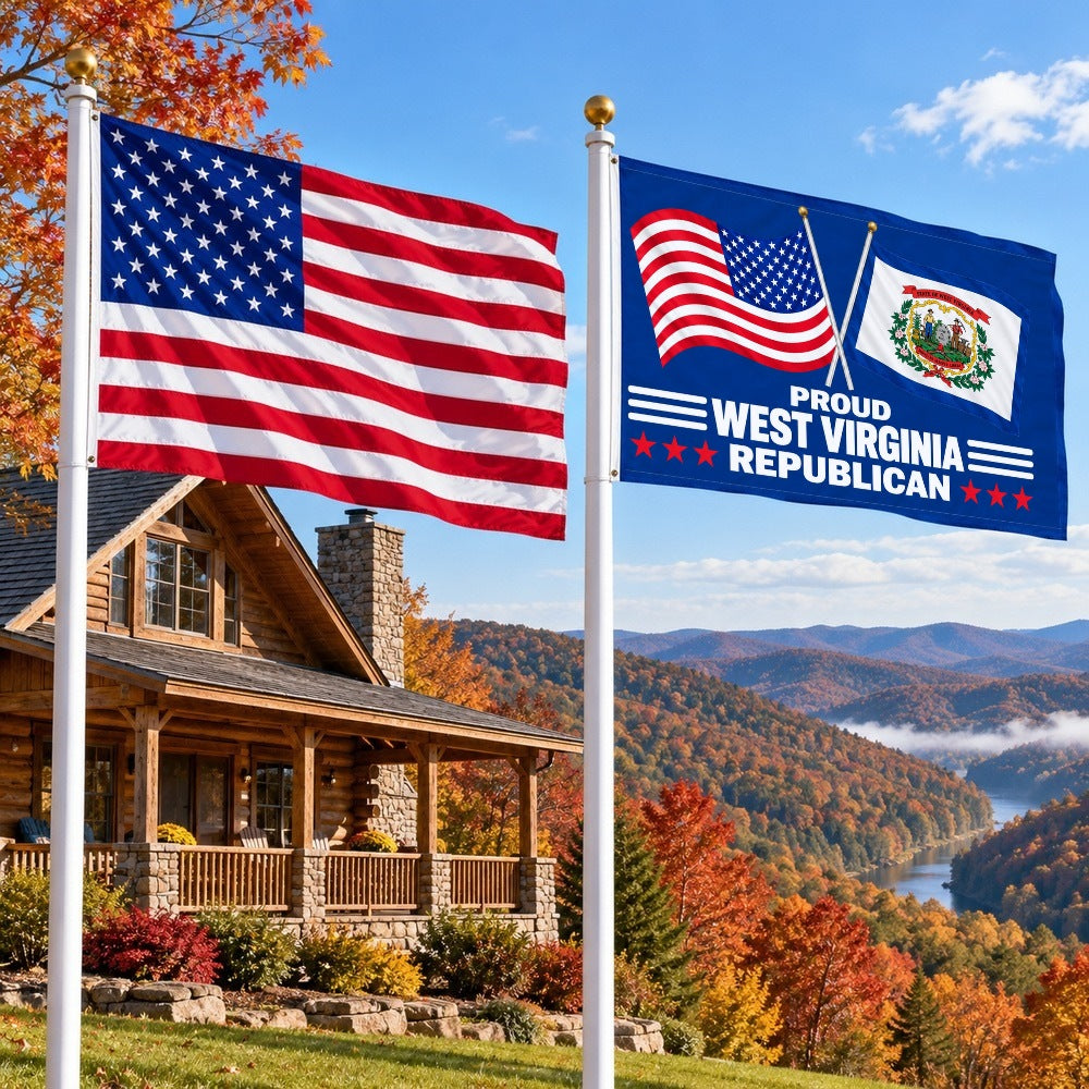 American flag and Proud West Virginia Republican flag flying side by side outdoors