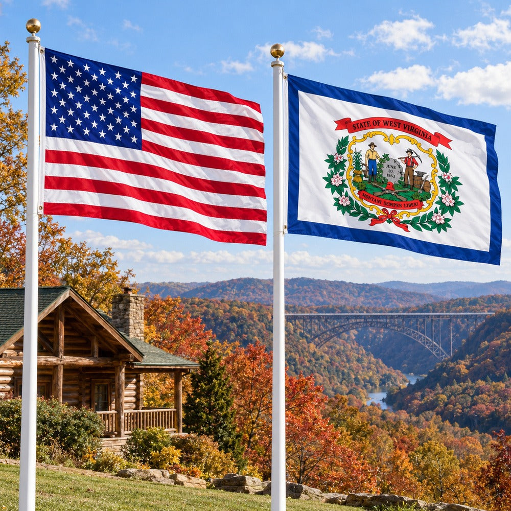 American flag and West Virginia State Flag flying side by side outdoors