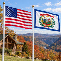 American flag and West Virginia State Flag flying side by side outdoors