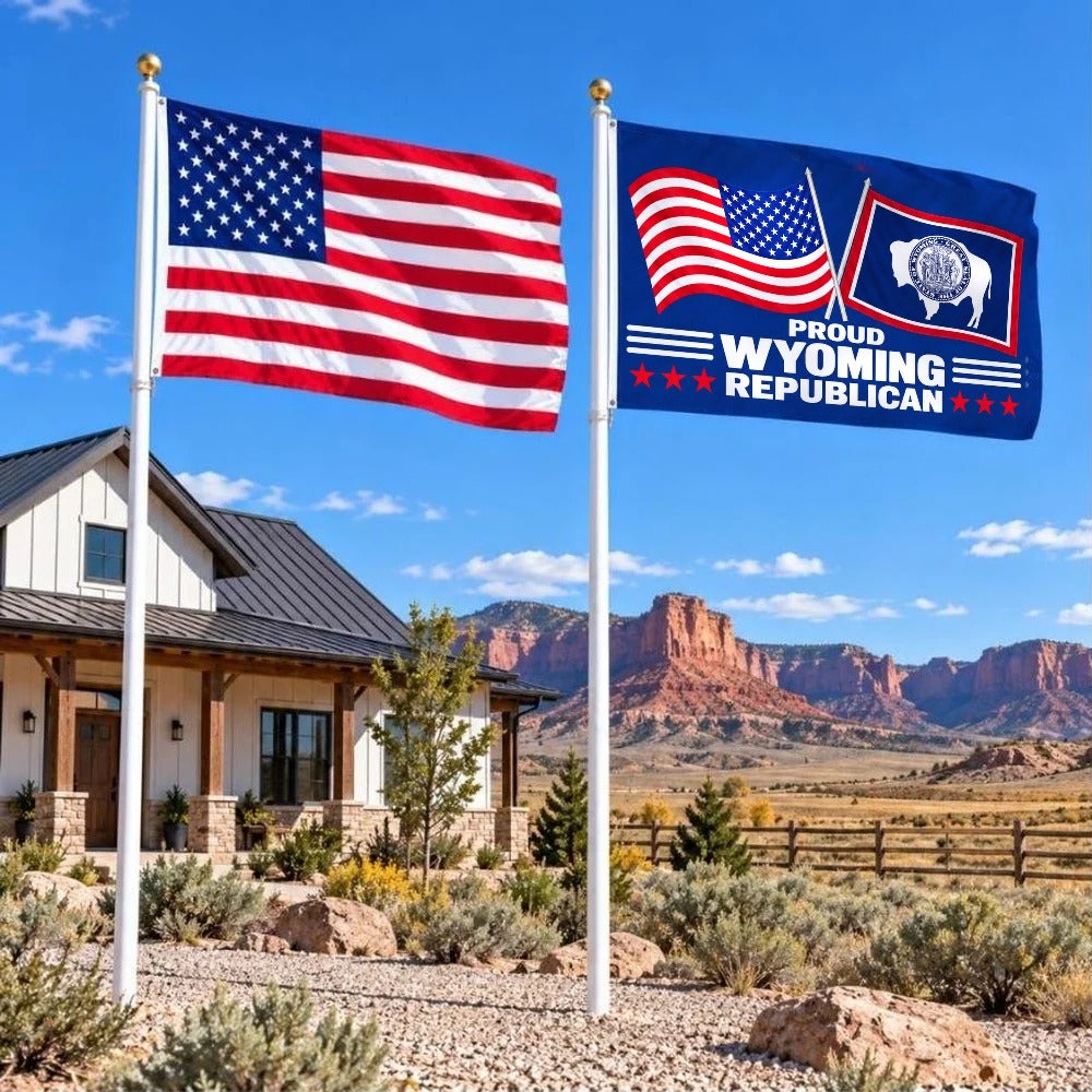 American flag and Proud Wyoming Republican flag flying side by side outdoors