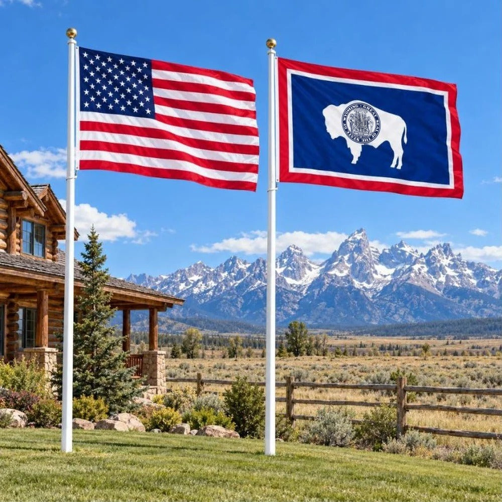 American flag and Wyoming State Flag flying side by side outdoors