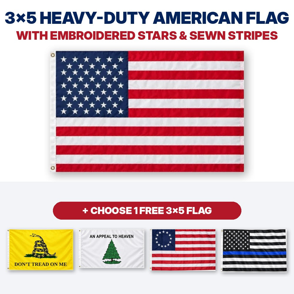 3x5 heavy-duty American flag with embroidered stars and sewn stripes plus choice of 1 free 3x5 flag