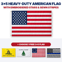 3x5 heavy-duty American flag with embroidered stars and sewn stripes plus choice of 1 free 3x5 flag