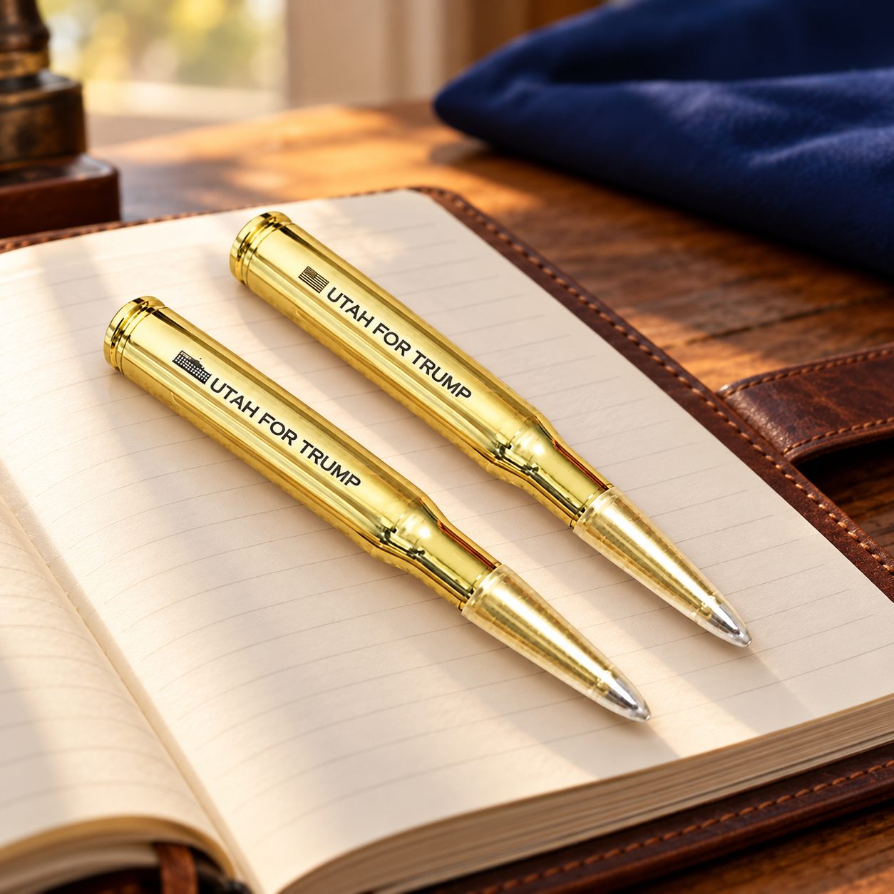 Utah bullet pen 2 pack on a leather notebook (lifestyle)