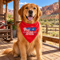 Golden retriever wearing the Utah dog bandana on a porch (lifestyle)