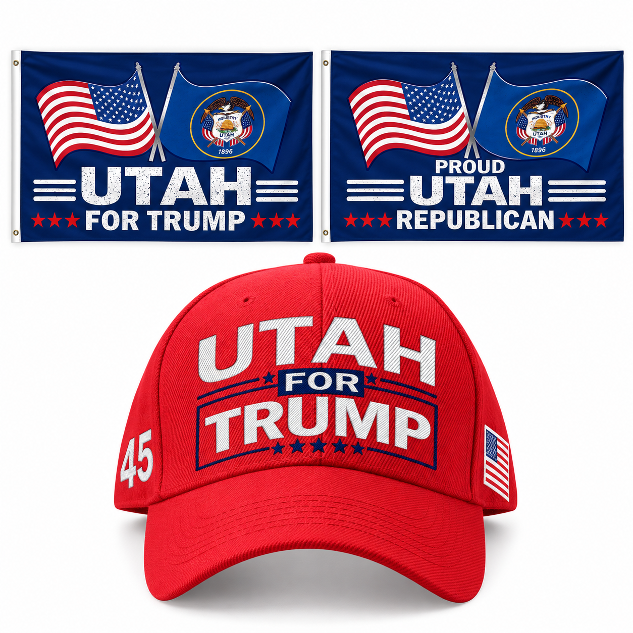 Utah Hat + 2 Flags Bundle: embroidered red Utah hat, Utah 3x5 flag and Proud Utah Republican 3x5 flag
