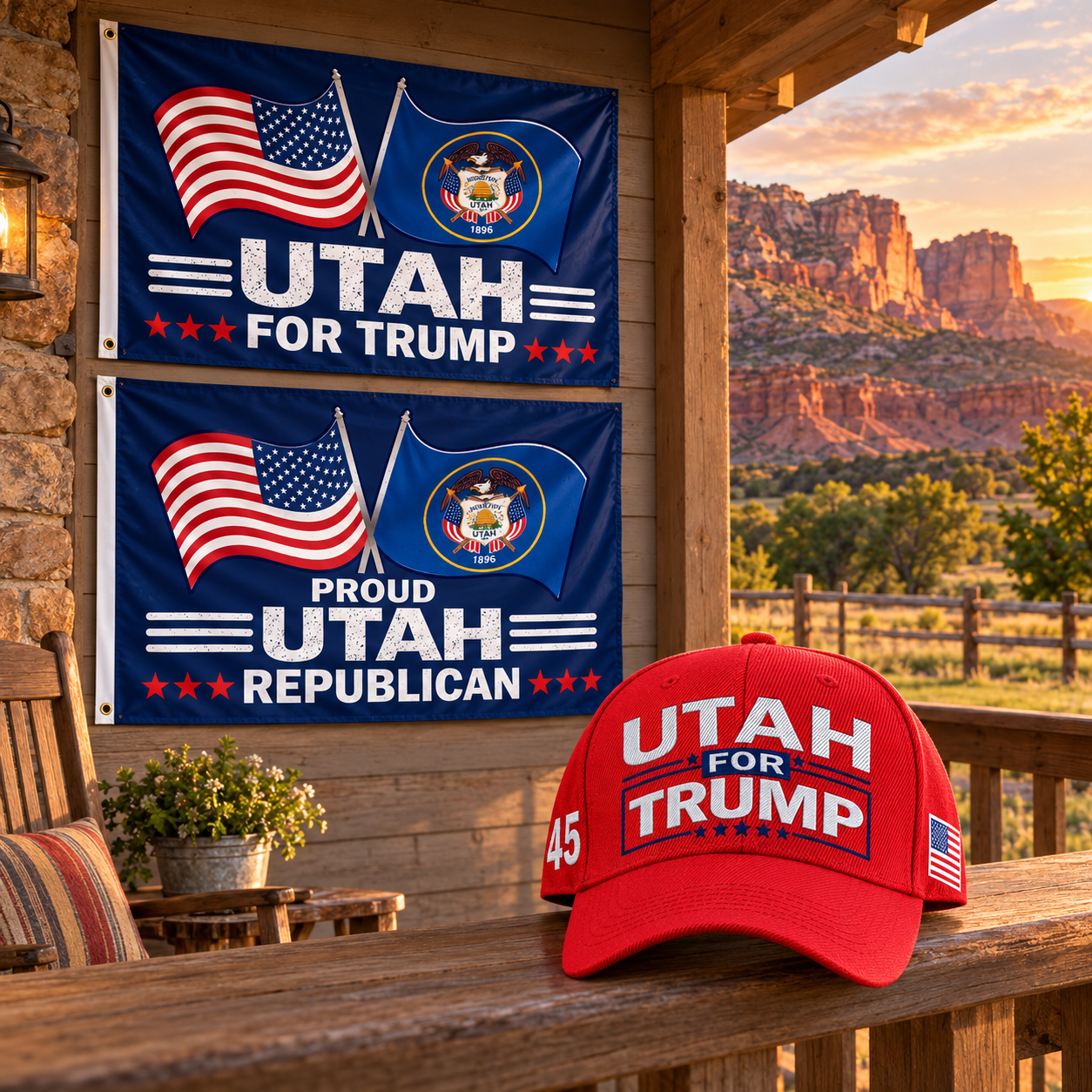 Utah hat and two Utah flags on a porch at sunset (lifestyle)