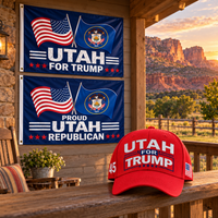 Utah hat and two Utah flags on a porch at sunset (lifestyle)