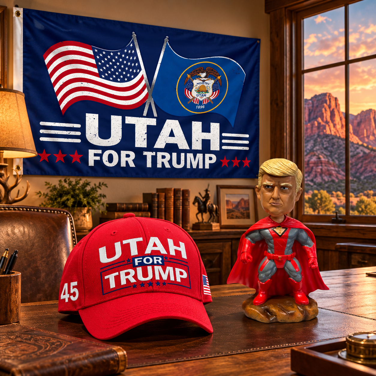 Utah flag on a den wall with the red Utah hat and superhero bobblehead on a desk (lifestyle)
