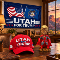 Utah flag on a den wall with the red Utah hat and superhero bobblehead on a desk (lifestyle)