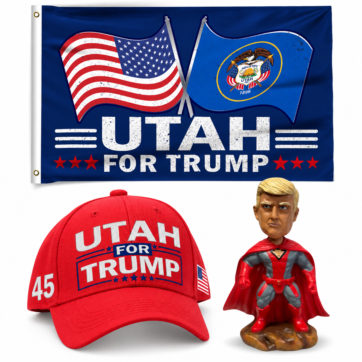 Utah Patriot Bundle: Utah 3x5 flag, embroidered red Utah hat and 8 inch superhero bobblehead