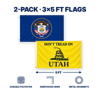 Utah Historic State Flag and Don't Tread on Utah Flag 3x5 2-Pack features and size details