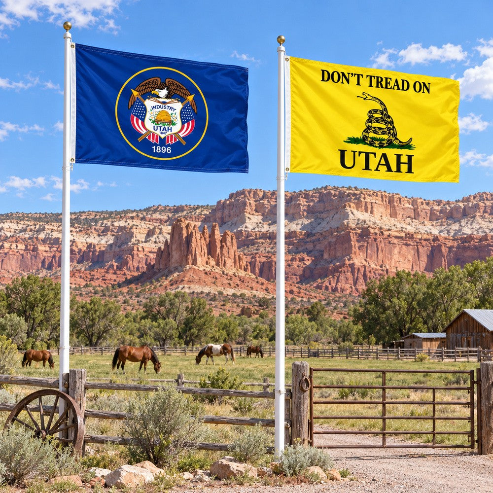 Utah Historic State Flag and Don't Tread on Utah Flag 3x5 2-Pack displayed outdoors