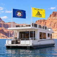 Utah Historic State Flag and Don't Tread on Utah Flag 3x5 2-Pack displayed outdoors