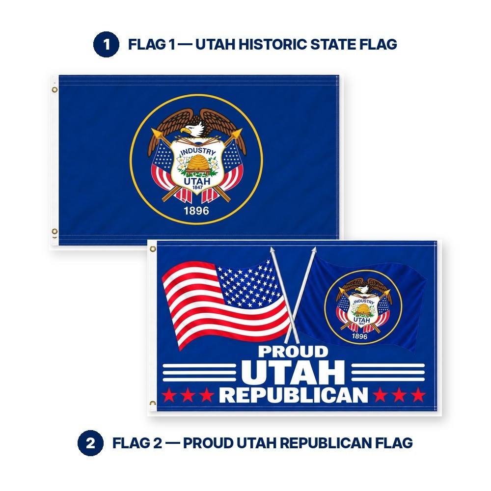 Utah Historic State Flag and Proud Utah Republican Flag 3x5 2-Pack features and size details