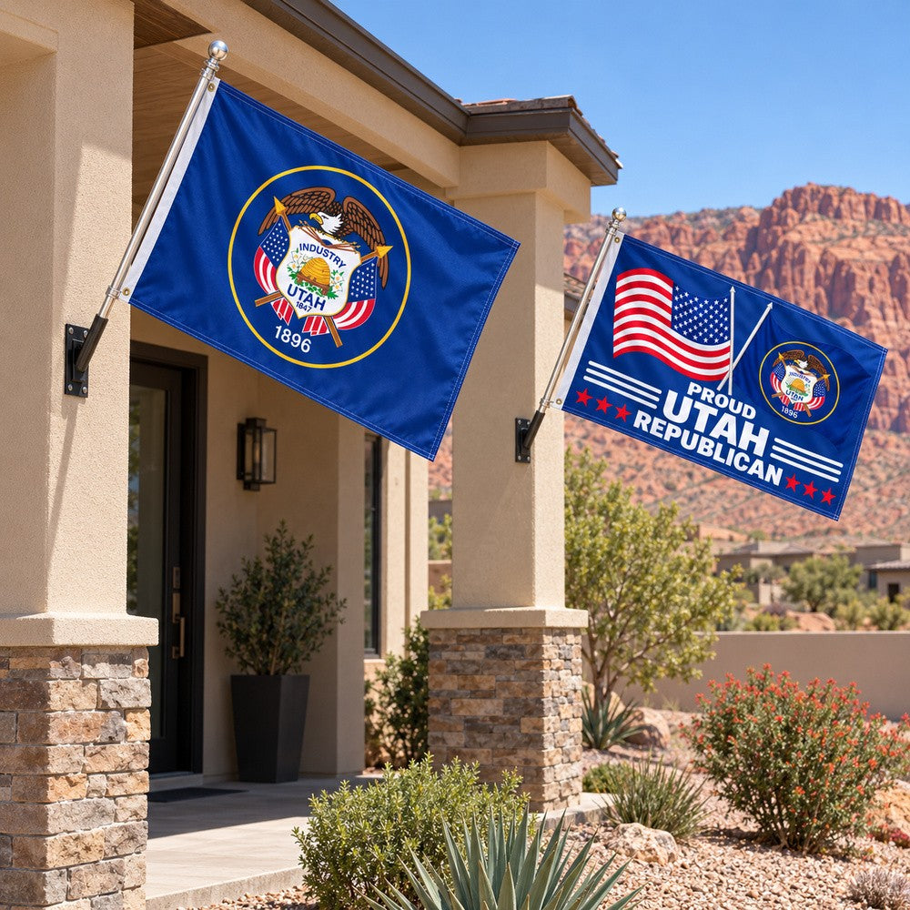 Utah Historic State Flag and Proud Utah Republican Flag 3x5 2-Pack displayed outdoors