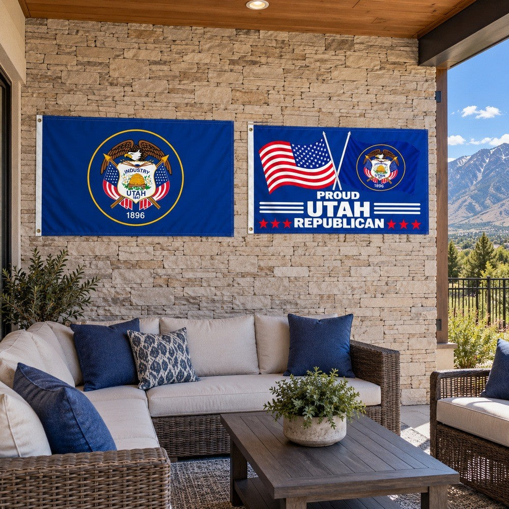 Utah Historic State Flag and Proud Utah Republican Flag 3x5 2-Pack displayed outdoors