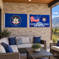 Utah Historic State Flag and Proud Utah Republican Flag 3x5 2-Pack displayed outdoors