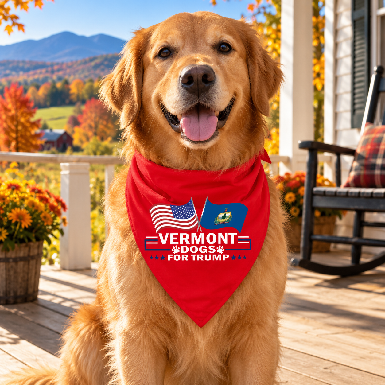 Golden retriever wearing the Vermont dog bandana on a porch (lifestyle)
