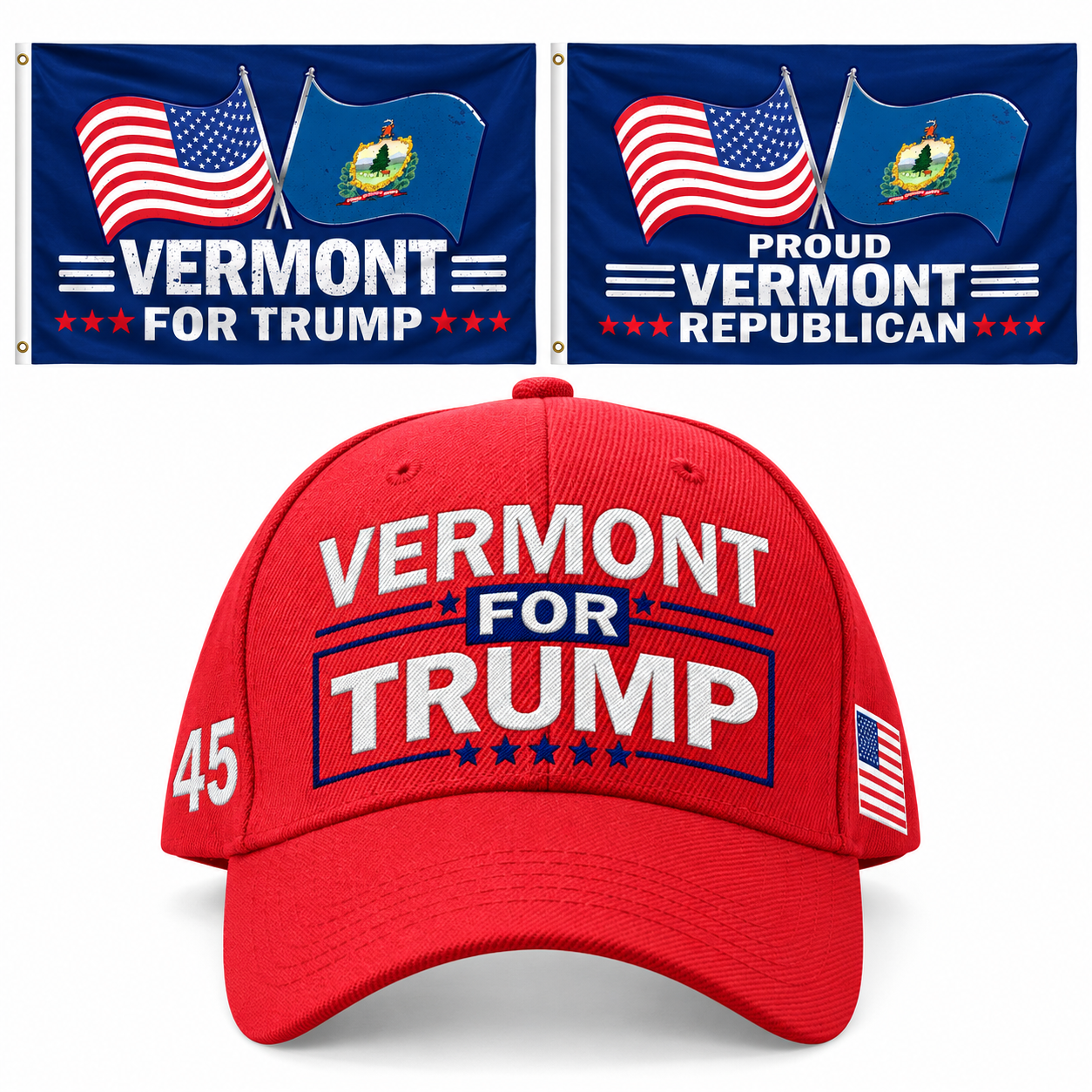 Vermont Hat + 2 Flags Bundle: embroidered red Vermont hat, Vermont 3x5 flag and Proud Vermont Republican 3x5 flag