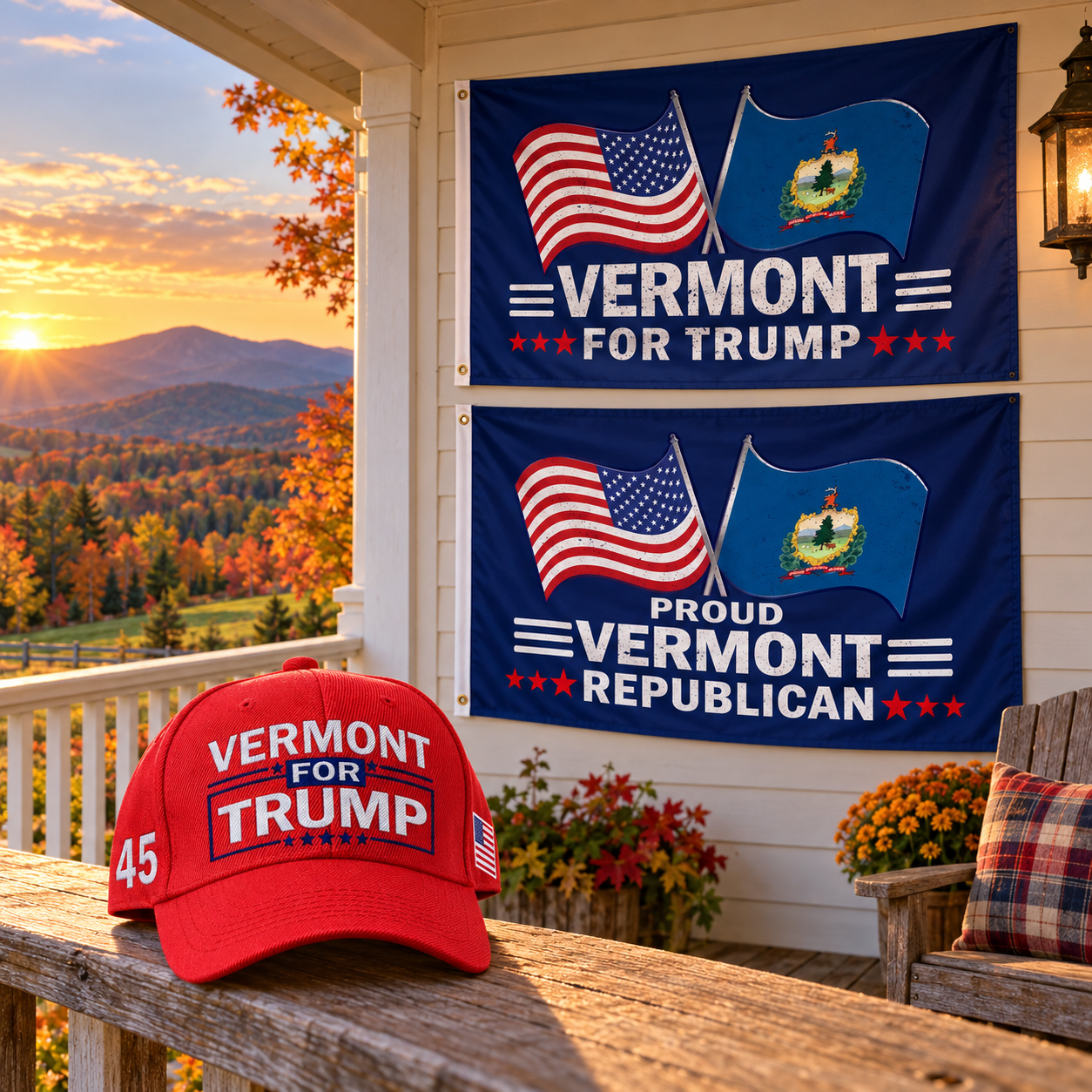 Vermont hat and two Vermont flags on a porch at sunset (lifestyle)