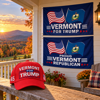 Vermont hat and two Vermont flags on a porch at sunset (lifestyle)
