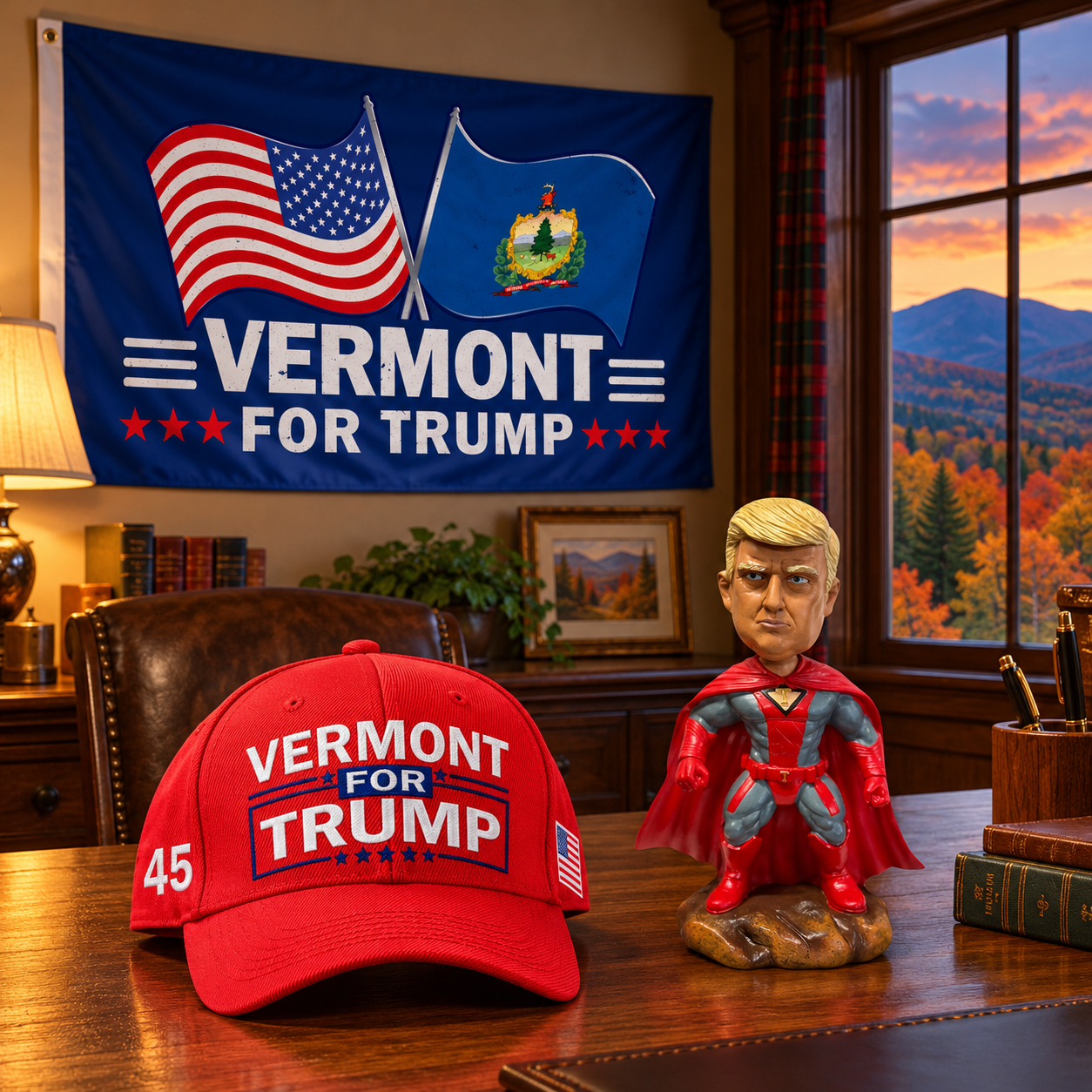 Vermont flag on a den wall with the red Vermont hat and superhero bobblehead on a desk (lifestyle)