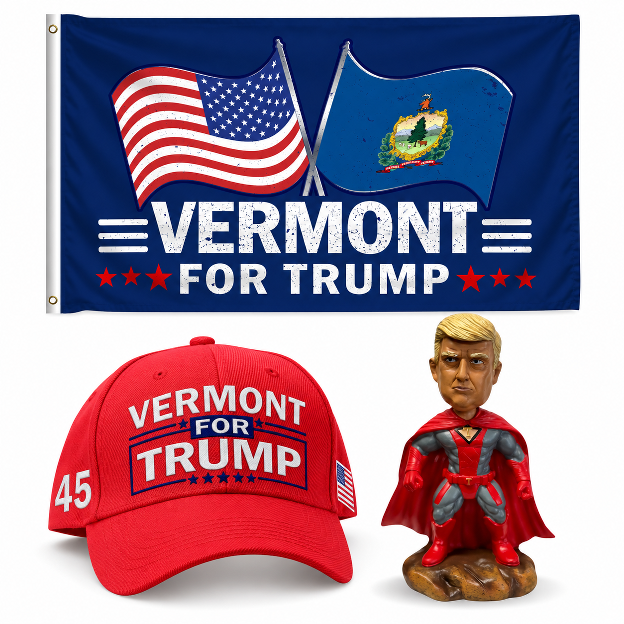 Vermont Patriot Bundle: Vermont 3x5 flag, embroidered red Vermont hat and 8 inch superhero bobblehead