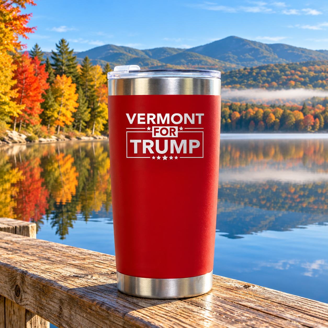 Vermont red 20oz tumbler on a dock railing (lifestyle)