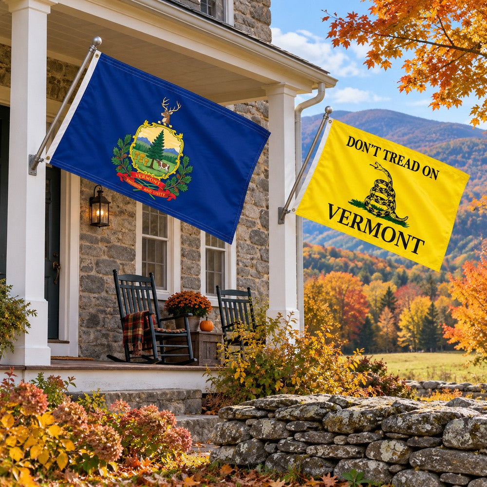 Vermont State Flag and Don't Tread on Vermont Flag 3x5 2-Pack displayed outdoors