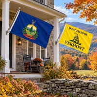 Vermont State Flag and Don't Tread on Vermont Flag 3x5 2-Pack displayed outdoors
