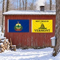 Vermont State Flag and Don't Tread on Vermont Flag 3x5 2-Pack displayed outdoors
