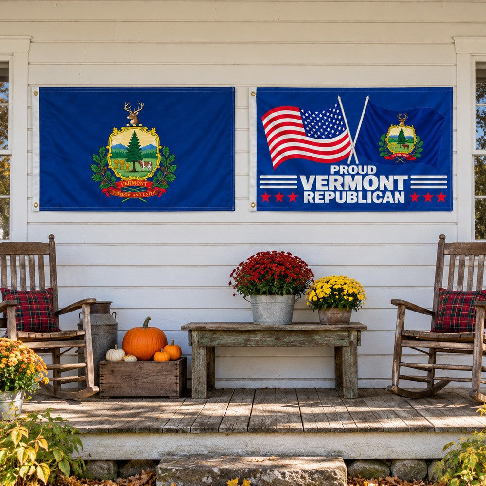 Vermont State Flag and Proud Vermont Republican Flag 3x5 2-Pack displayed outdoors