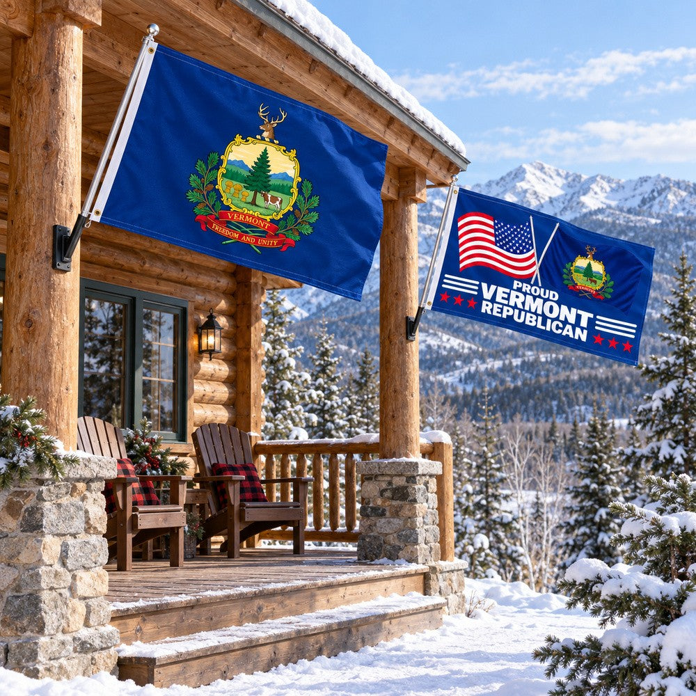 Vermont State Flag and Proud Vermont Republican Flag 3x5 2-Pack displayed outdoors