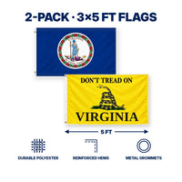 Virginia State Flag and Don't Tread on Virginia Flag 3x5 2-Pack features and size details