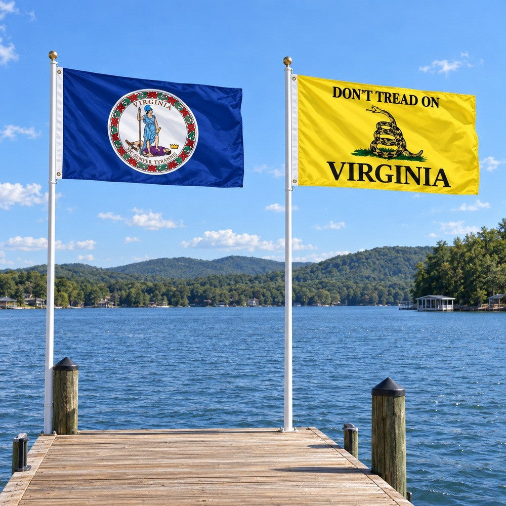 Virginia State Flag and Don't Tread on Virginia Flag 3x5 2-Pack displayed outdoors