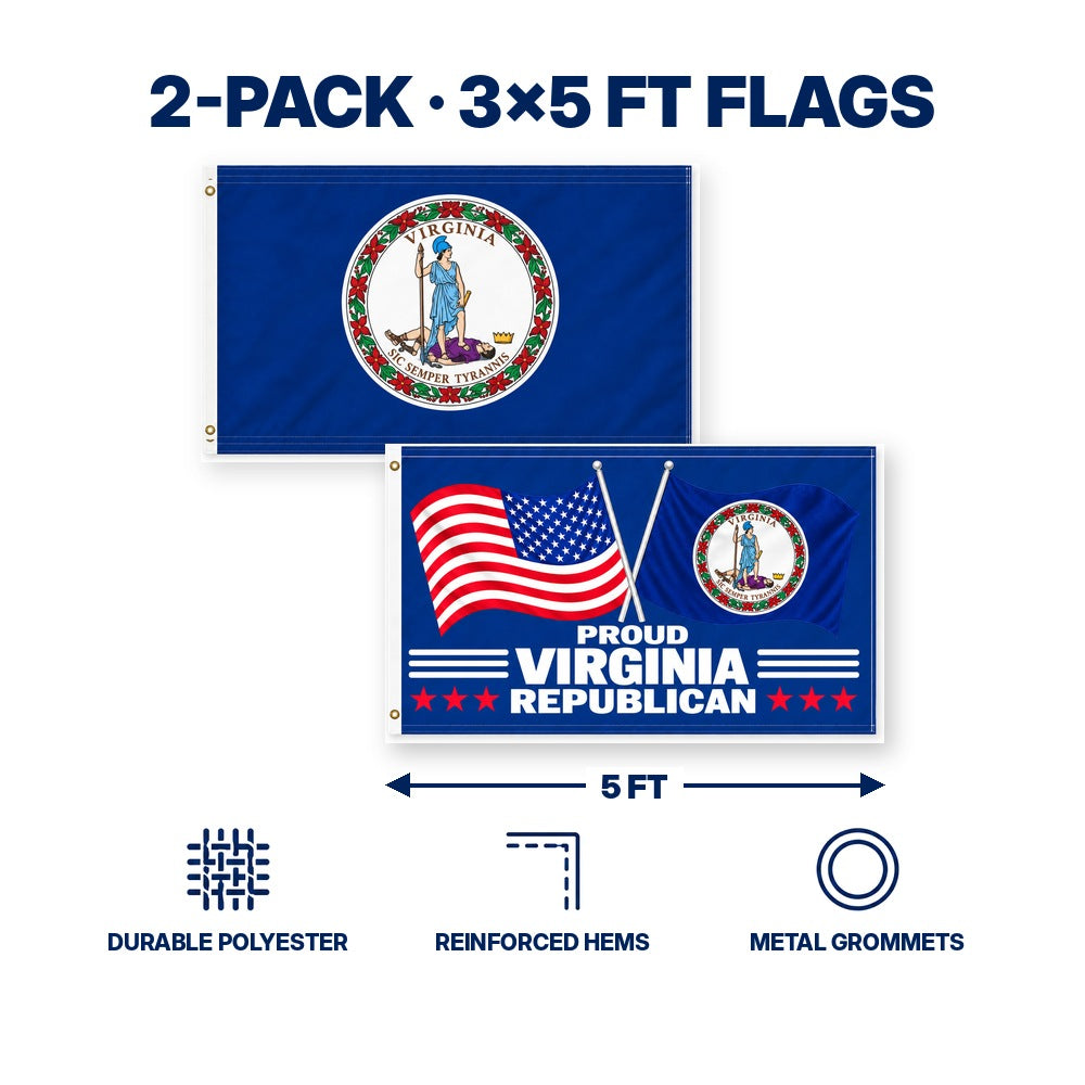 Virginia State Flag and Proud Virginia Republican Flag 3x5 2-Pack features and size details