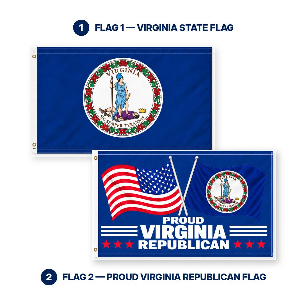 Virginia State Flag and Proud Virginia Republican Flag 3x5 2-Pack features and size details