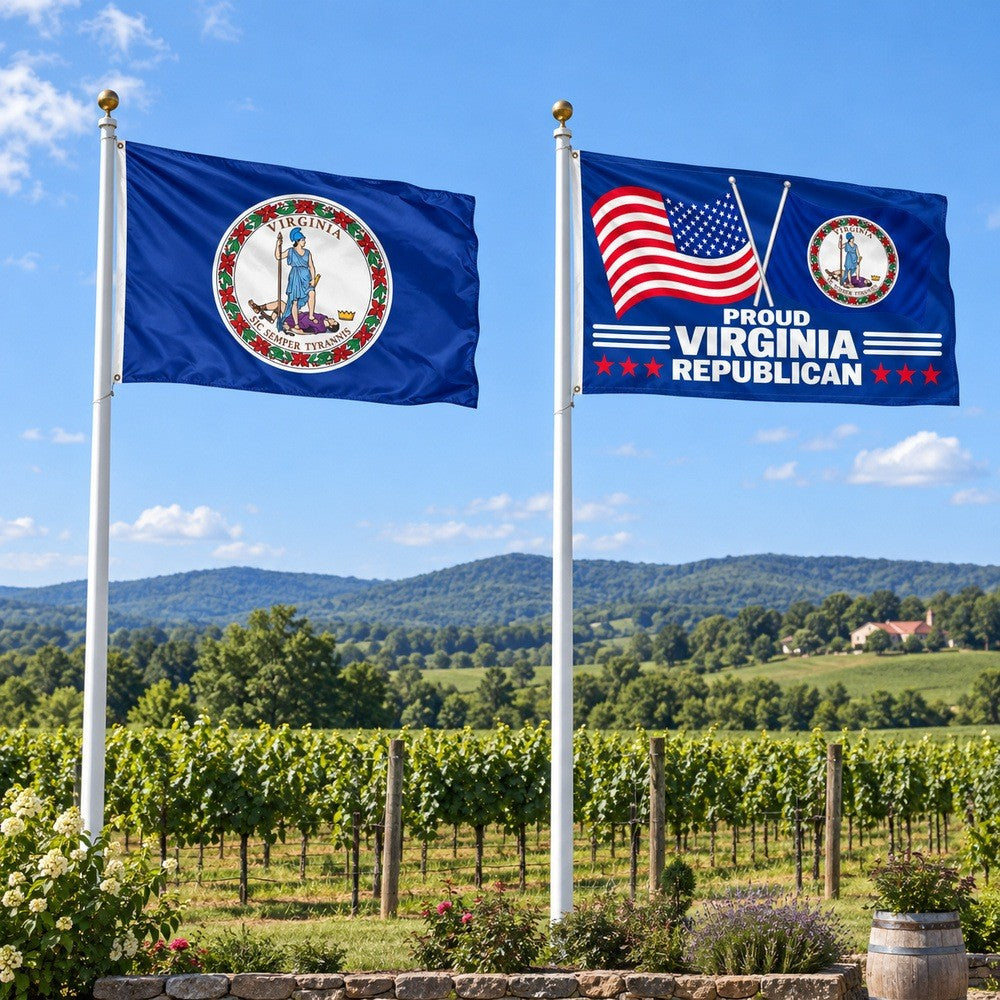 Virginia State Flag and Proud Virginia Republican Flag 3x5 2-Pack displayed outdoors