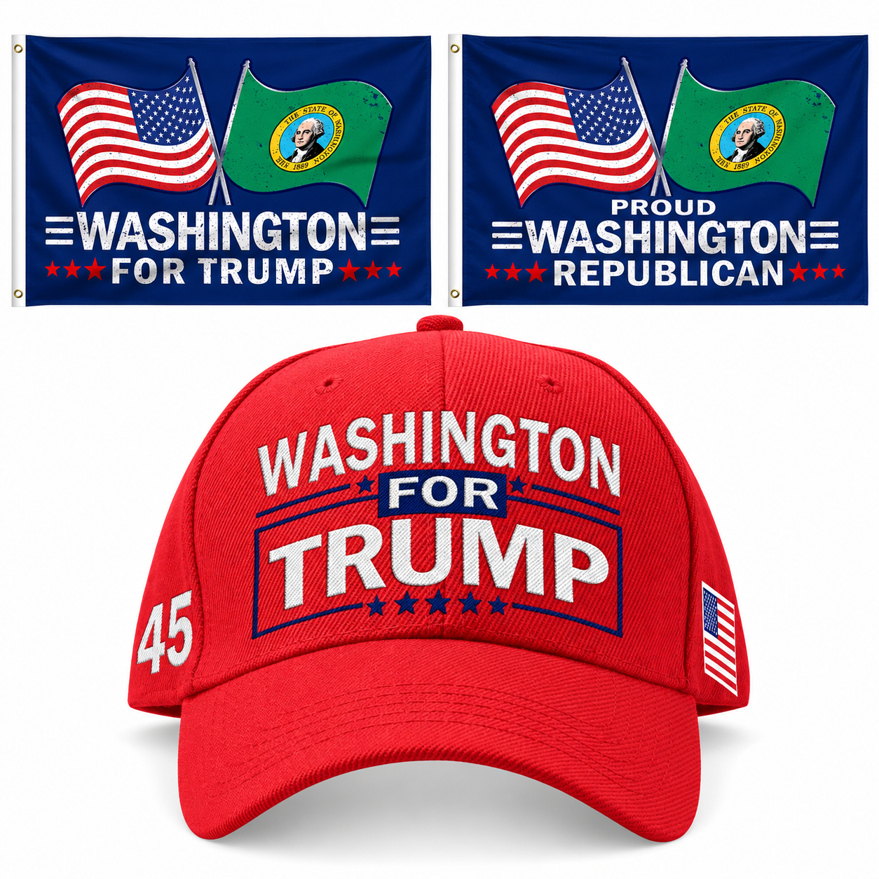 Washington Hat + 2 Flags Bundle: embroidered red Washington hat, Washington 3x5 flag and Proud Washington Republican 3x5 flag
